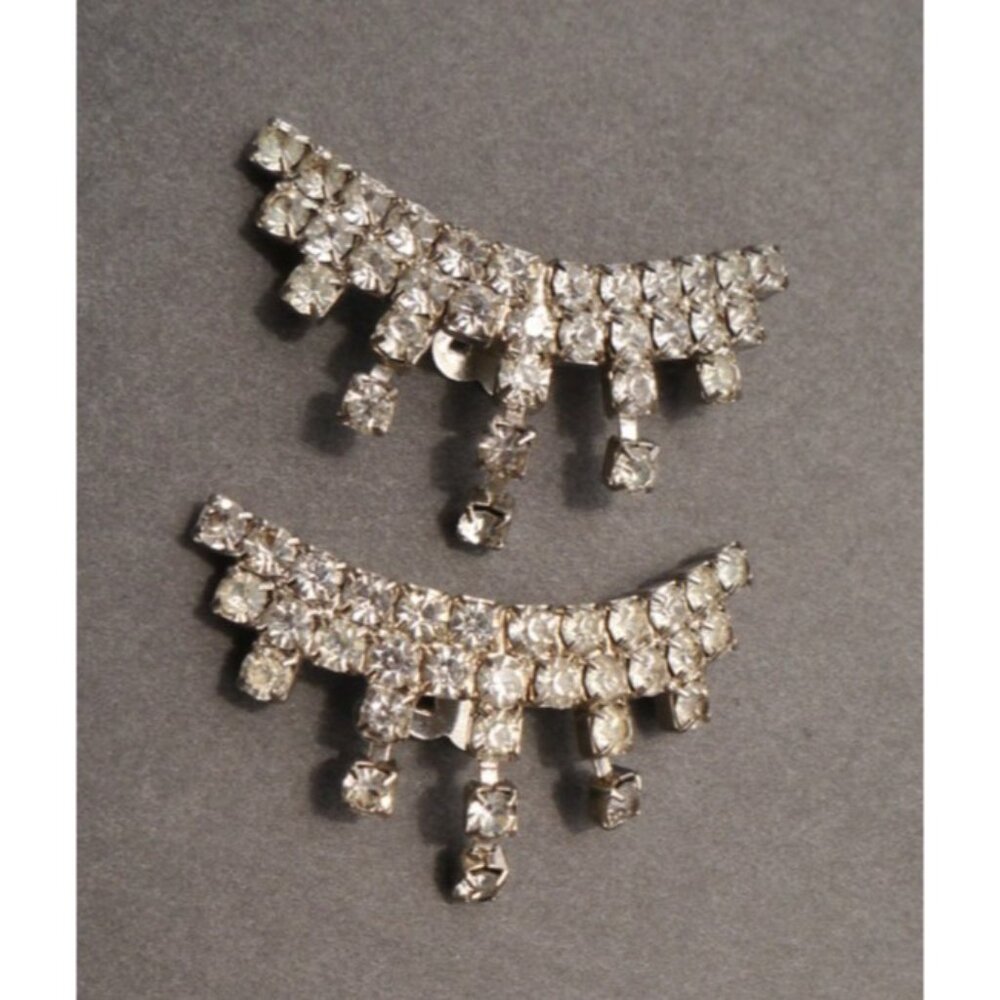 Clear Rhinestone Shoe Clips Silver Tone Metal Flared Prong Set Vintage Complete